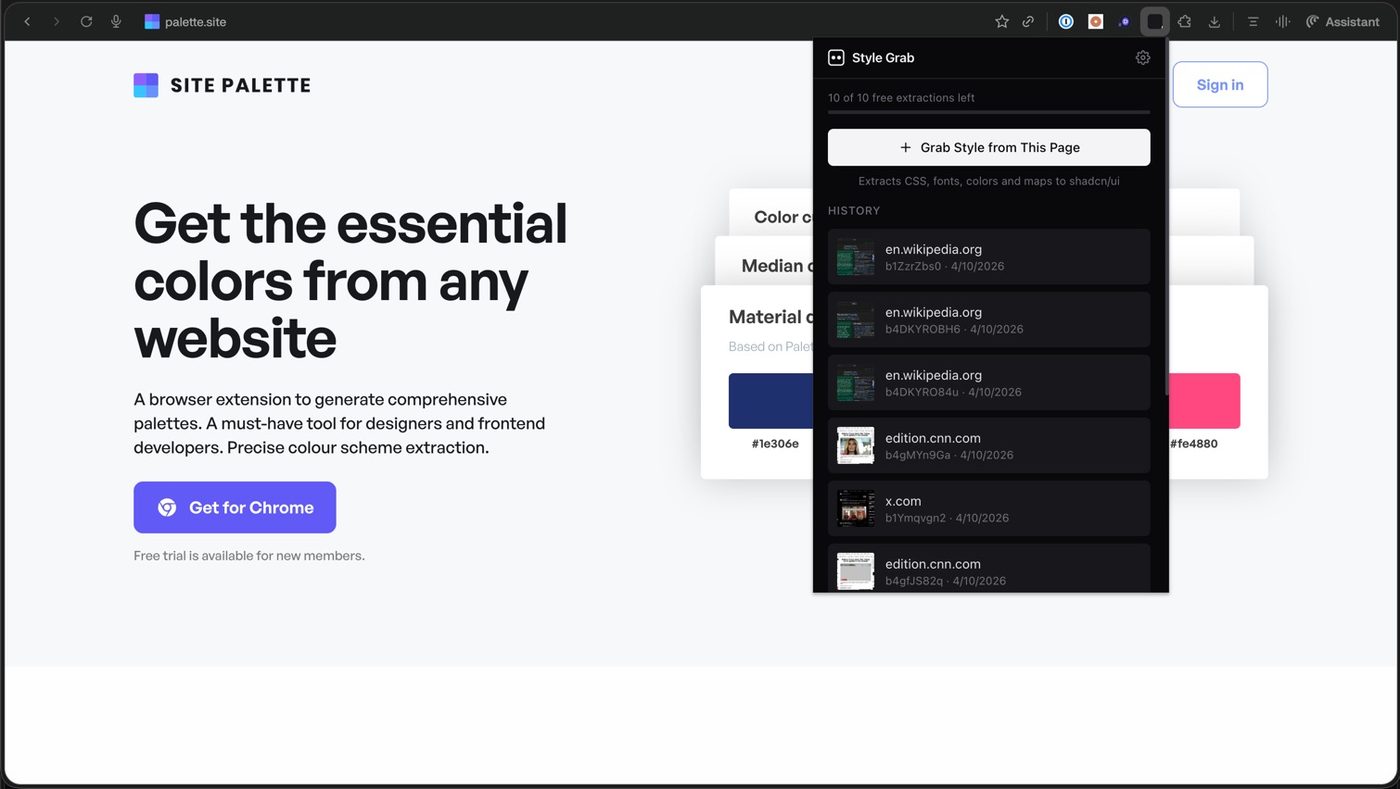 shadcn/ui Style Grab extension popup showing extraction history from CNN, Wikipedia, X.com and other sites
